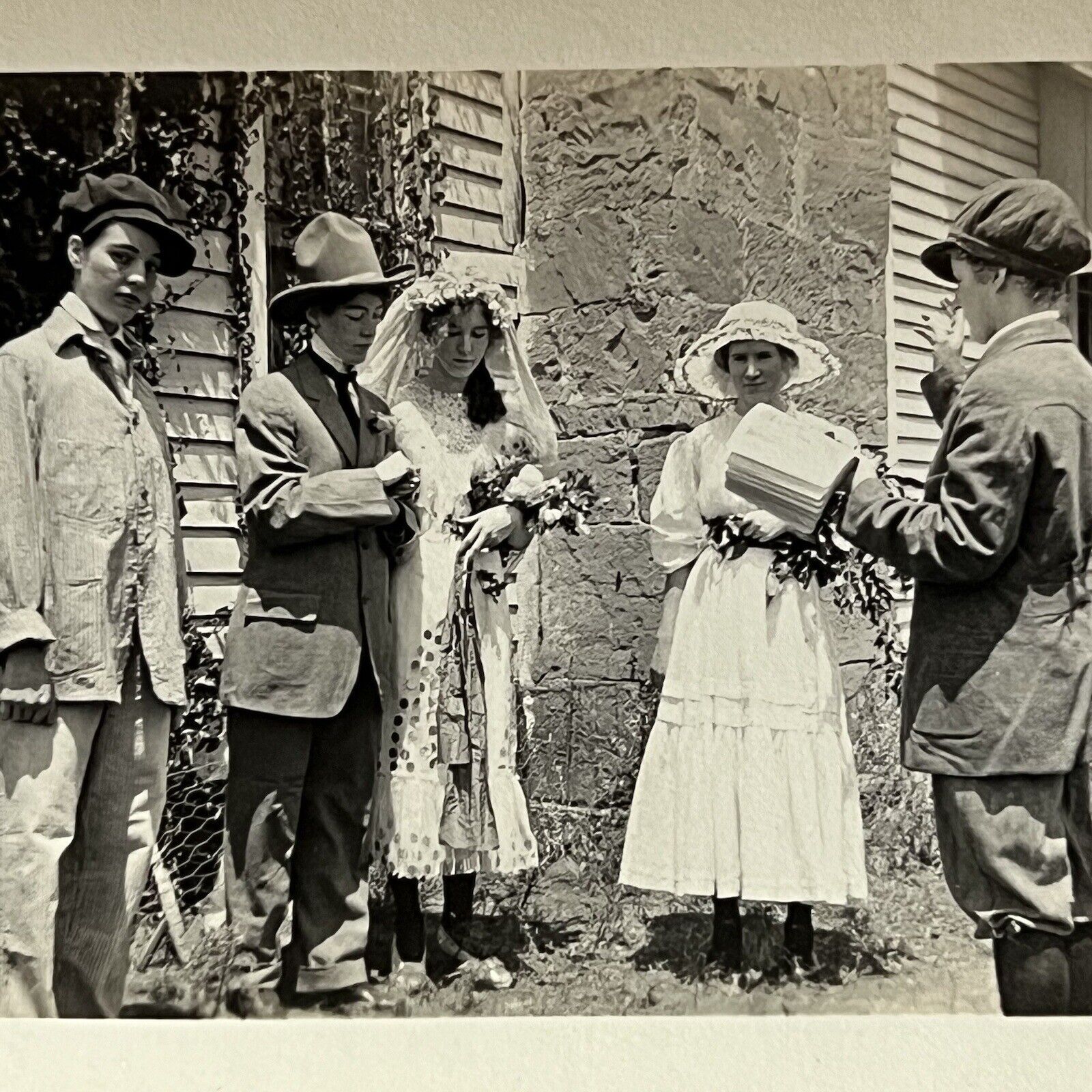 Antique Snapshot Photograph Girls Playing Wedding Dressed Like Boys Cute