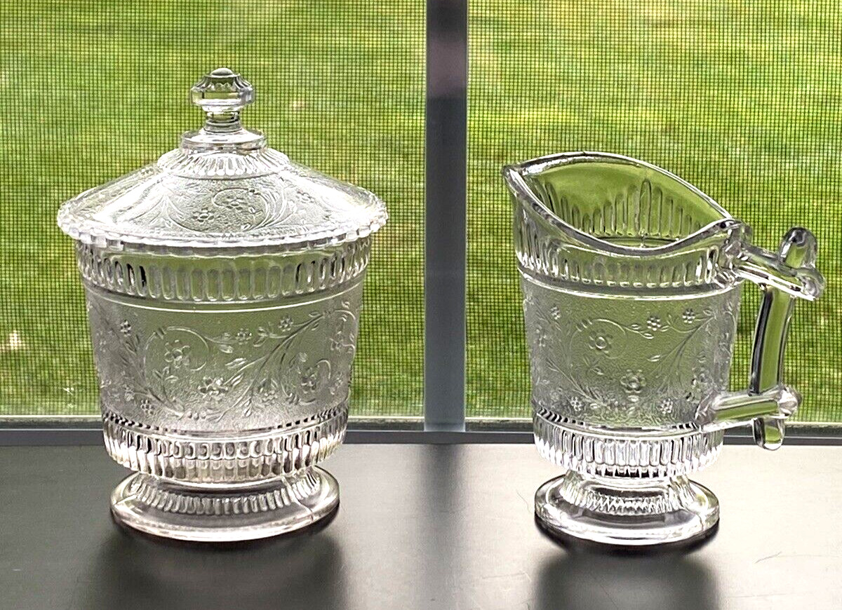 Antique EAPG Bryce Bros. Ribbed Forget-Me-Not Pert Covered Sugar & Creamer 1870s