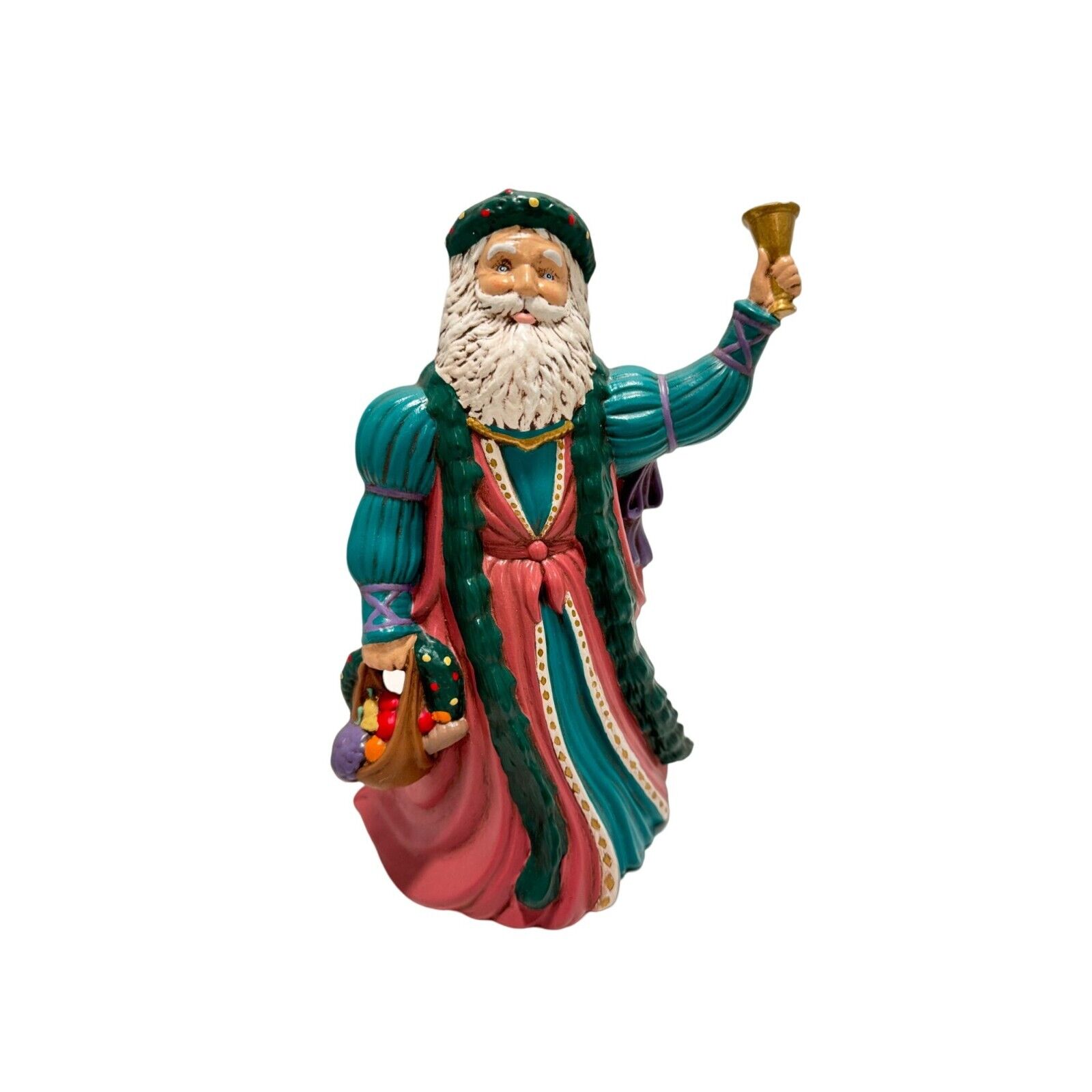 Vtg Ceramic Old World English Santa With Bell Fruit Bag Hand Painted Christmas