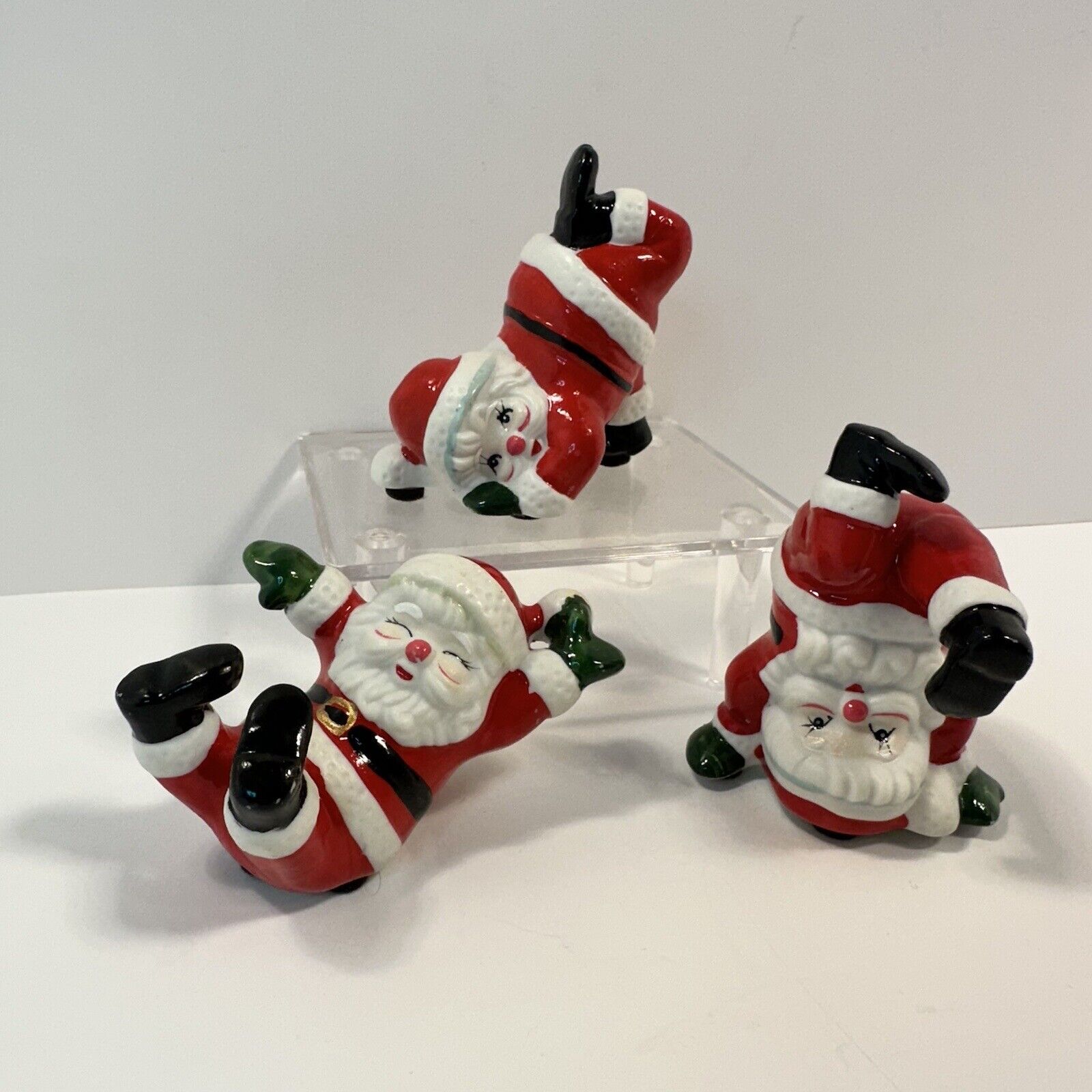 Vintage JSNY Santa Figurines Set of 3 Tumbling Santas Original Box MCM Christmas