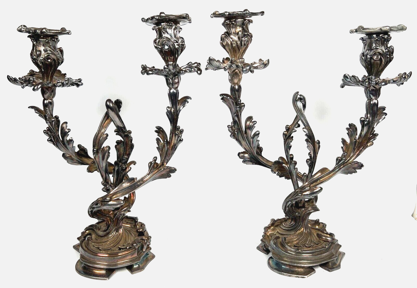 Pair of Louis XV Style Two Light Candelabra French Spelter Signed Spreckels OAK