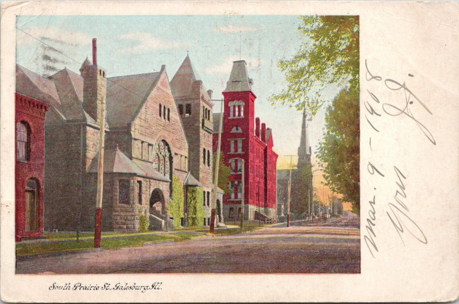Galesburg Illinois~South Prairie Street~Churches on Left~1908 Postcard