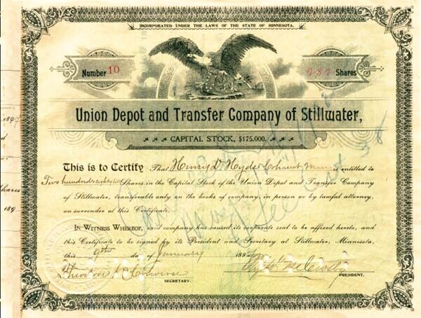 Union Depot and Transfer Co. of Stillwater - Stock Certificate - Northern Pacifi