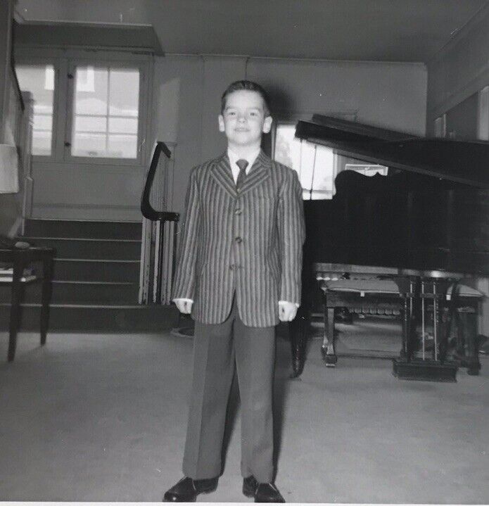 Vintage Photo 1950s Boy Kid Suit Tie Piano Black White Inside House 3.5”