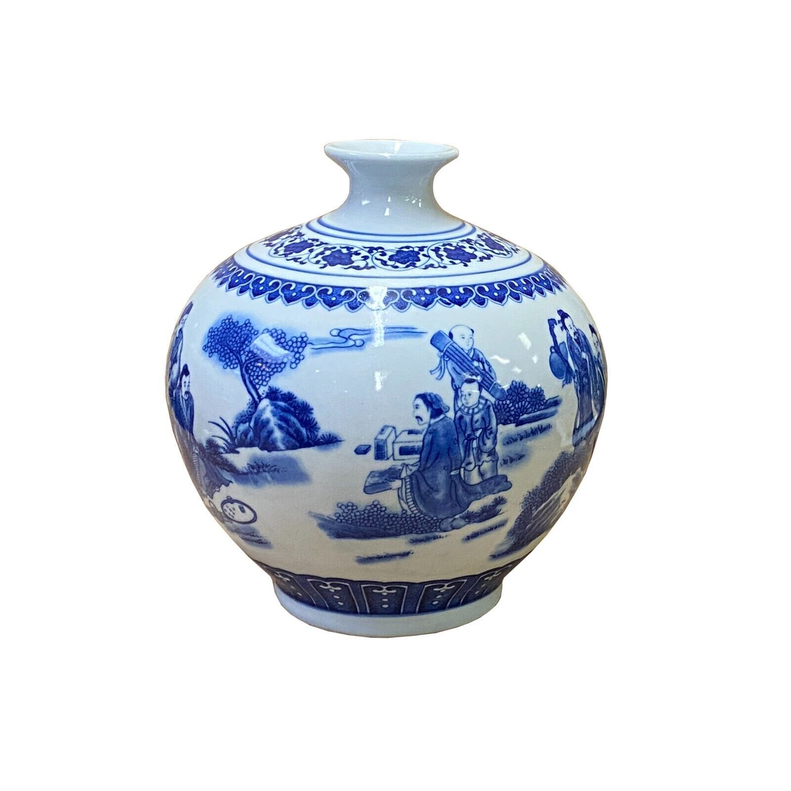Chinese Oriental Blue White Porcelain Graphic Scenery Vase ws2702
