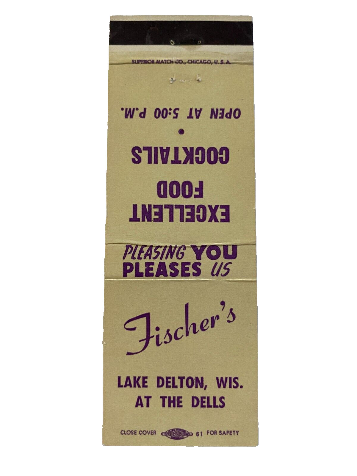 FISCHER\'S RESTAURANT vintage matchbook matchcover LAKE DELTON, WISCONSIN