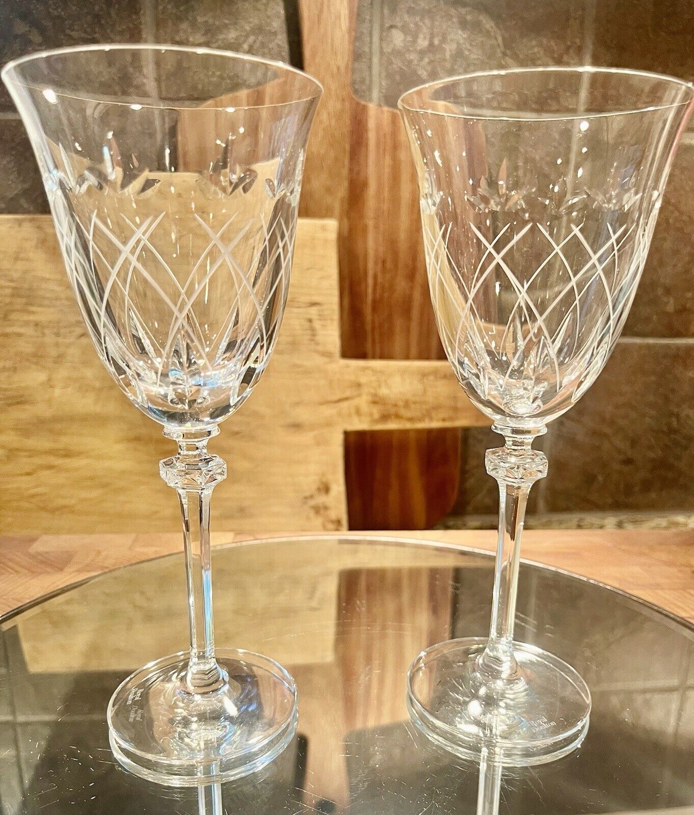 Set Of (2) Royal Doulton Crystal Cut Clear Stem Wine Glass Approx 8 1/4\