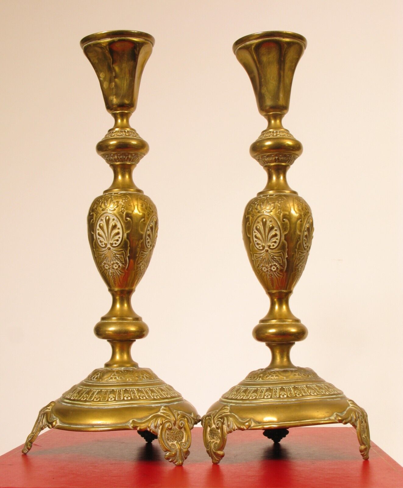 FABULOUS ANTIQUE PAIR OF BRASS CANDLE STICK HOLDERS FANCY ORNATE NORBLIN & CO 