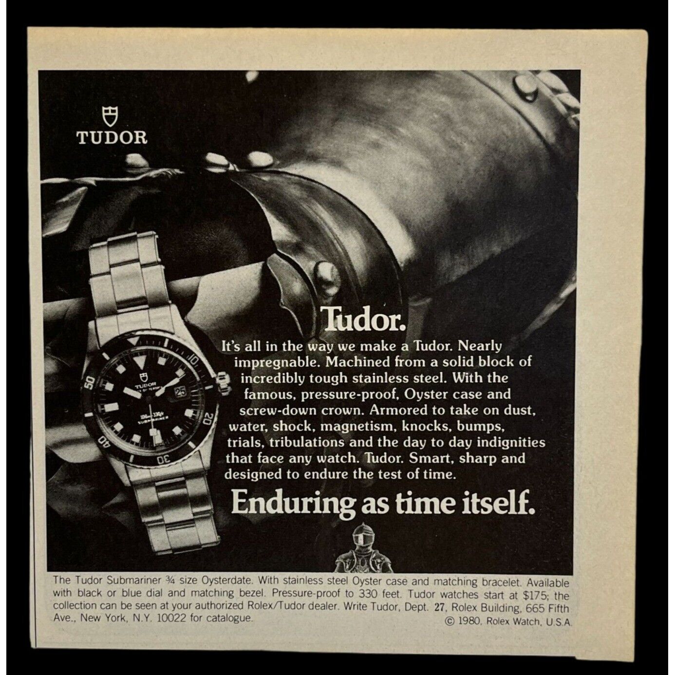 Tudor Submariner Watch Print Ad Vintage 1980 Oysterdate Oyster Case