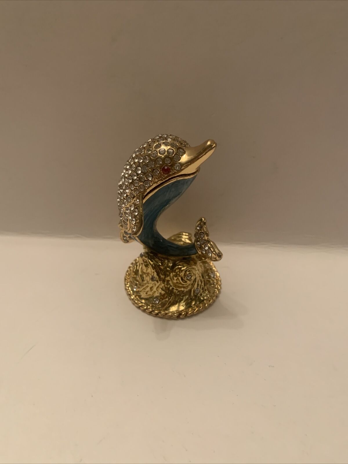 Bejeweled Enameled Animal Trinket Box/Figurine W/Bling-Teal Blue Dolphin