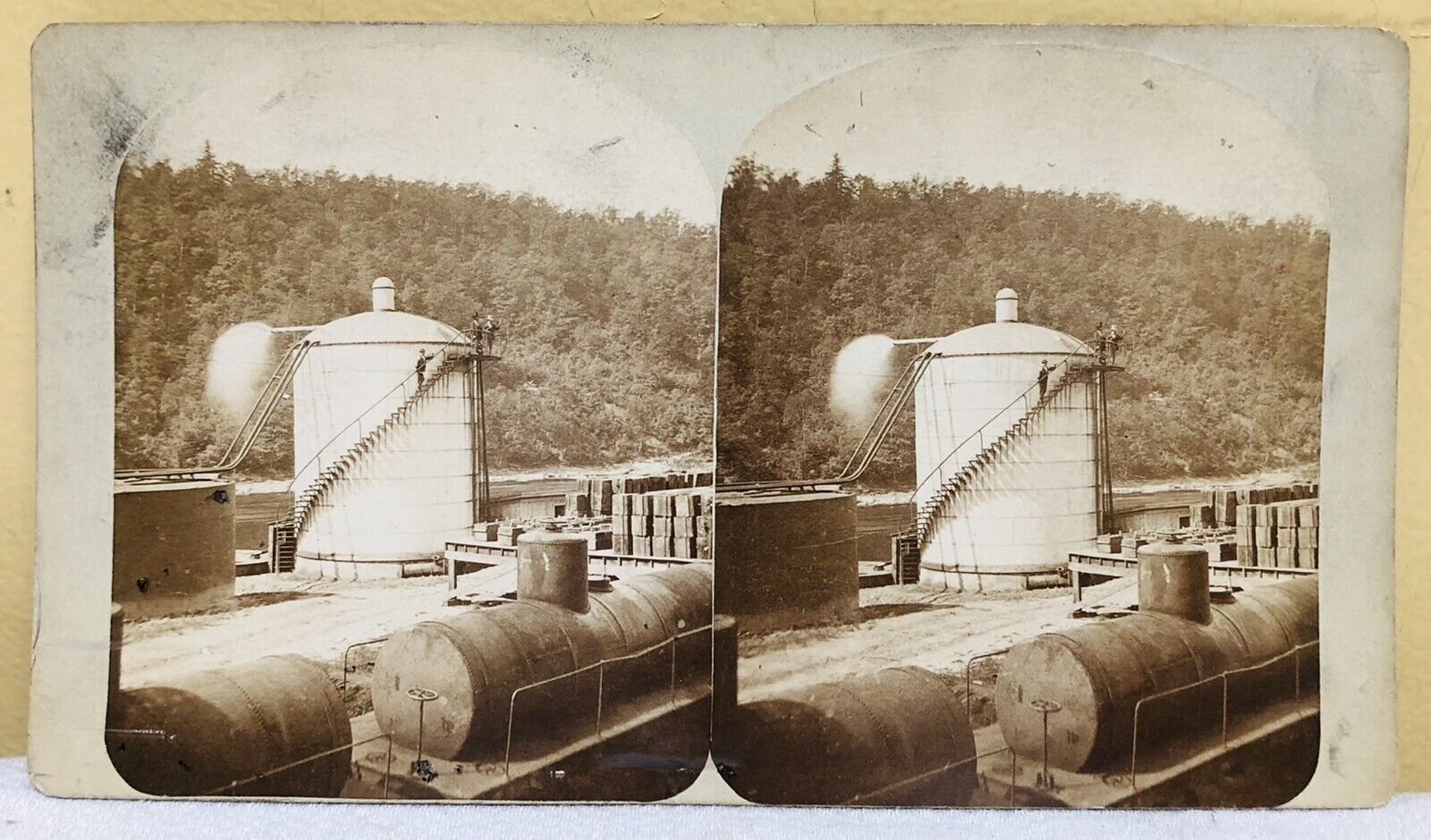 1880s PENNSYLVANIA Oil Regions Refining Oil Tank Frank Robbins Stereoview Card