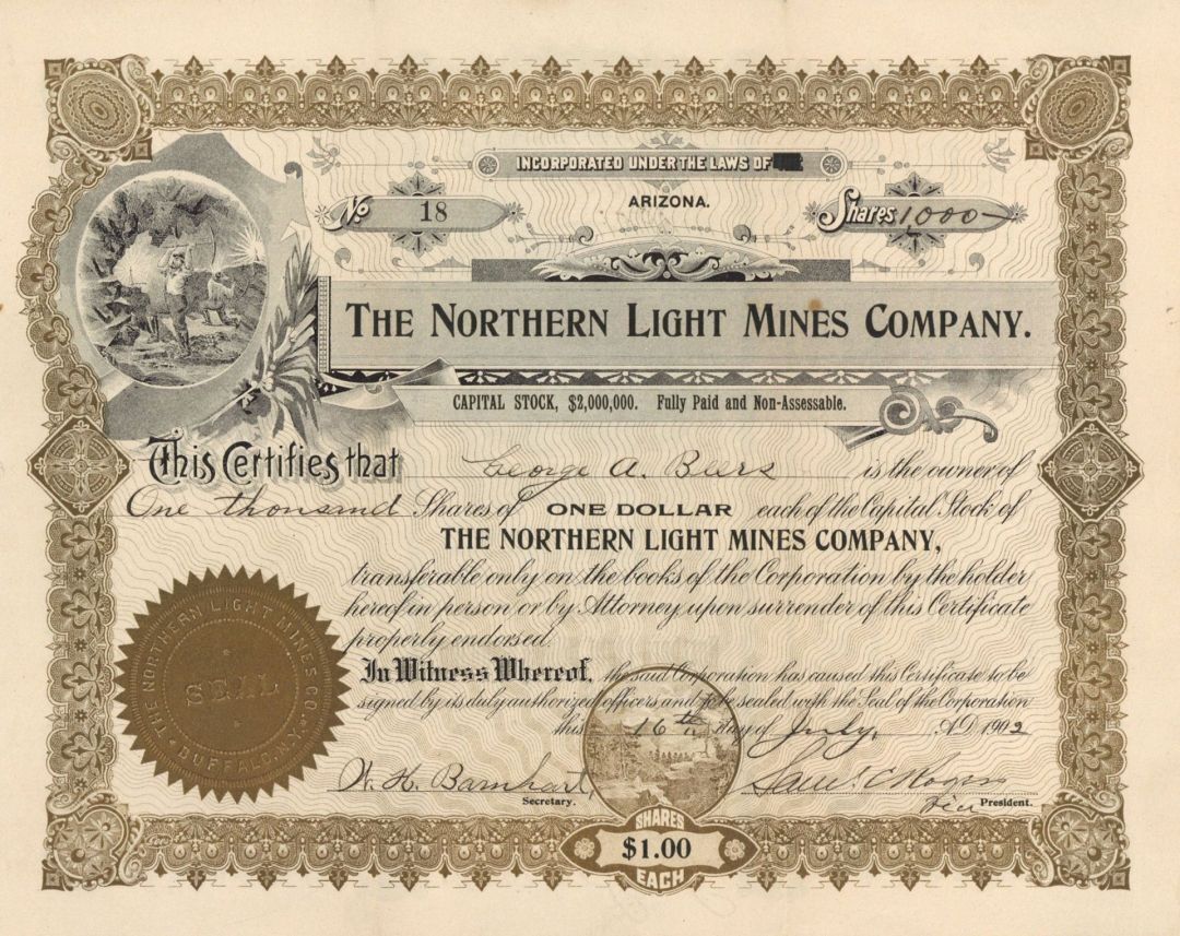 Northern Light Mines Co. - Stock Certificate - Mining Stocks