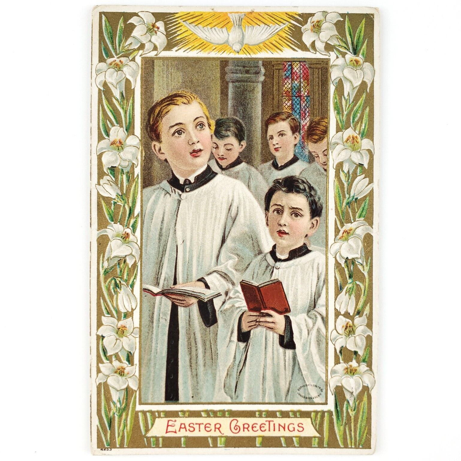 Easter Church Choir Boys Postcard c1911 Lily Flowers White Dove Greetings B2033