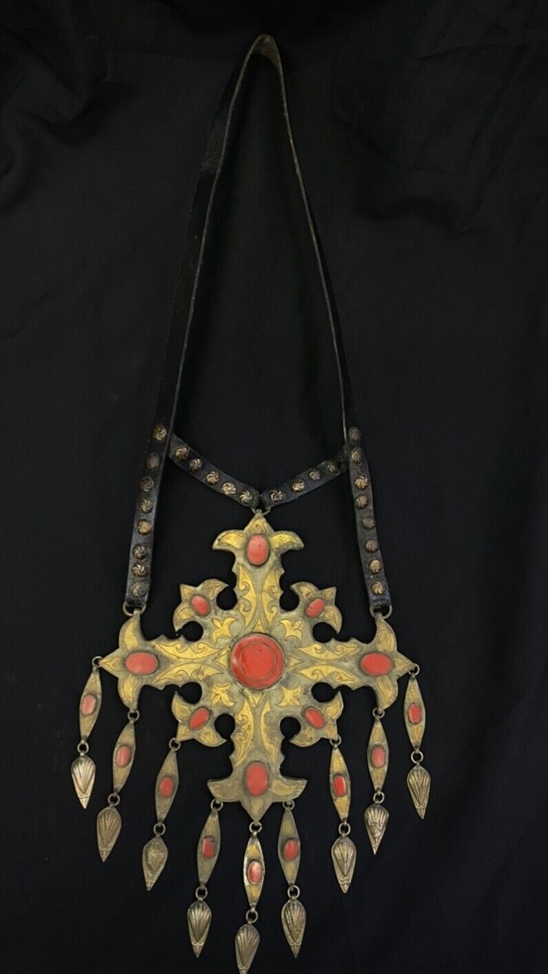 Huge Turkmen Silver Gold Plated Unique Necklace With Red Coral Stone