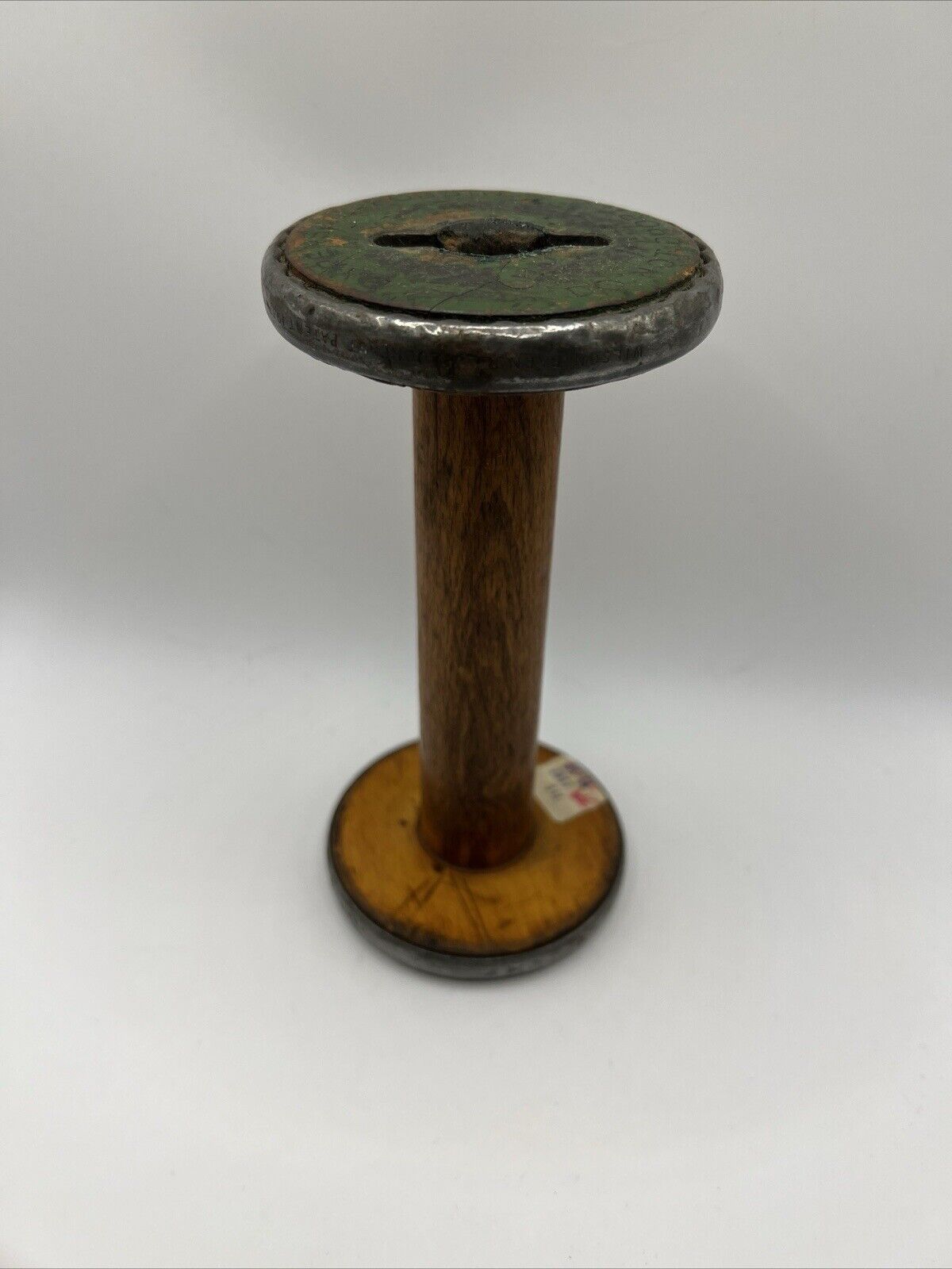 Large Vintage Antique Wood Spool Bobbin 7” Green Wooden And Metal Textile