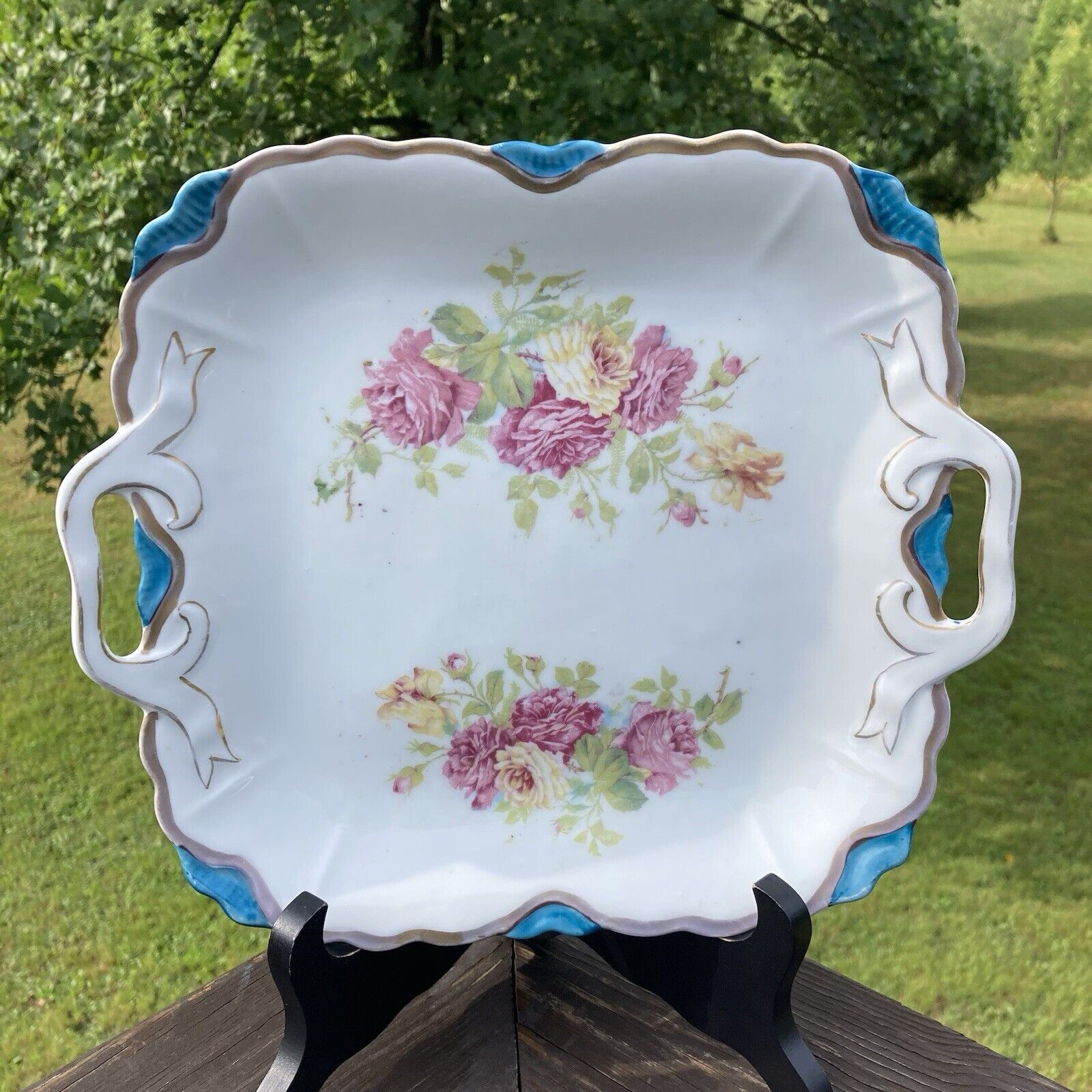 1800s Victorian Porcelain Serving Plate Floral Rose Biedermeier Bows Bavarian