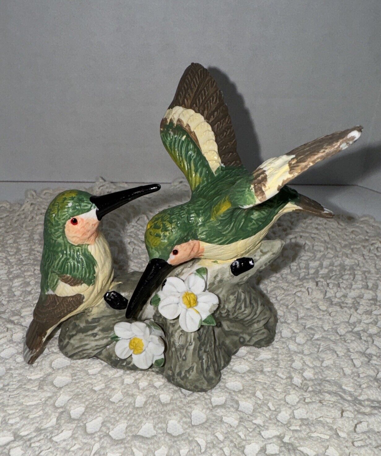 Two Green Birds On A Branch Figurine Ceramic Woodland Decor 4 In tall