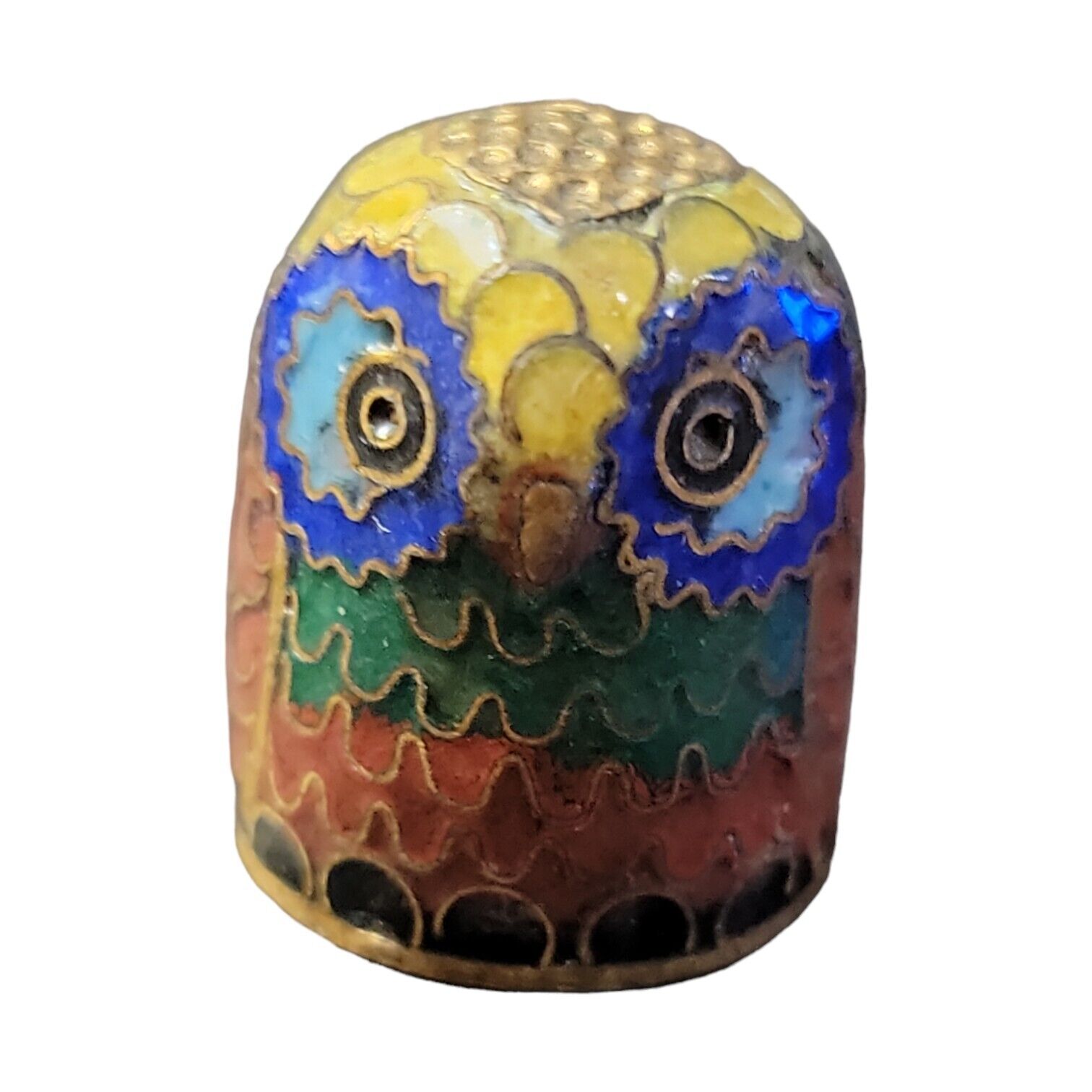 Vintage Chinese Cloisonné Owl Thimble Quaint Enamel Hand Made Hand Painted