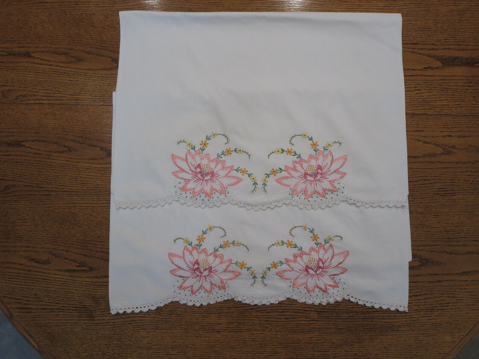 Vintage Embroidered Cotton Pillowcases Set of 2 Coral Water Lilies