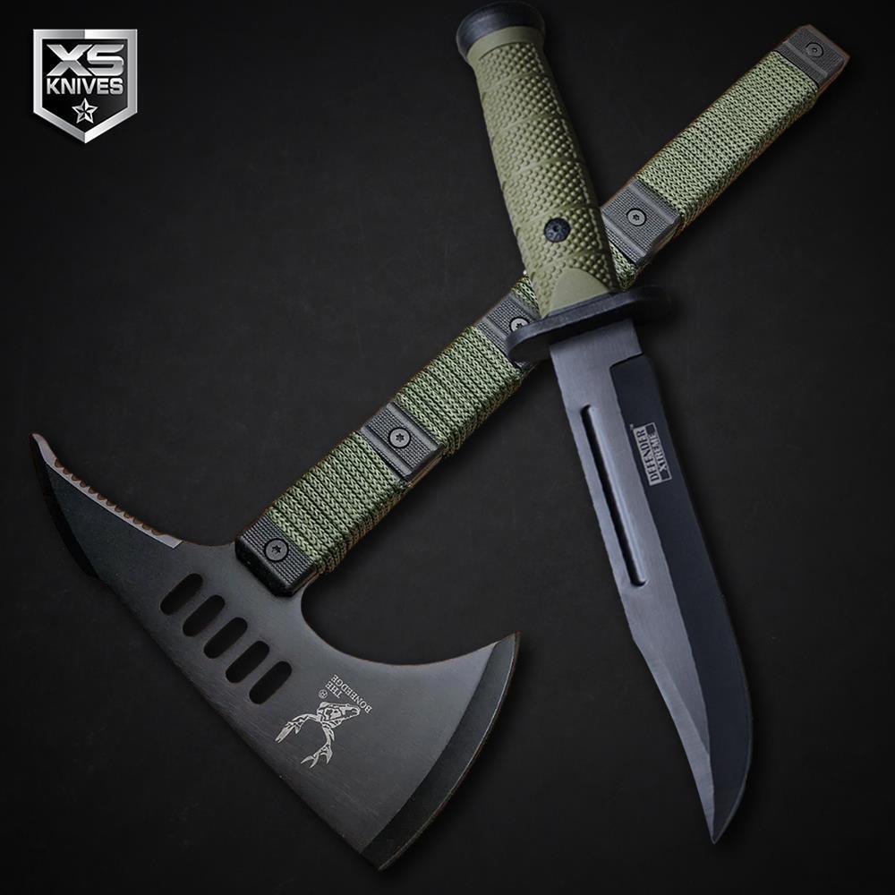 2pc Set Tactical Green Survival TOMAHAWK Throwing AXE Combat BOWIE Hunting Knife