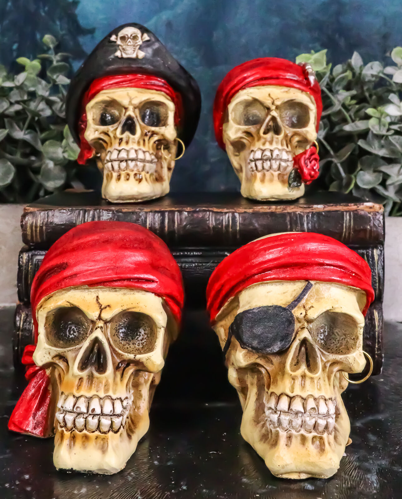 Ebros Set of 4 Skeleton Pirate Captain Marauders Caribbean Sea Skulls Figurine