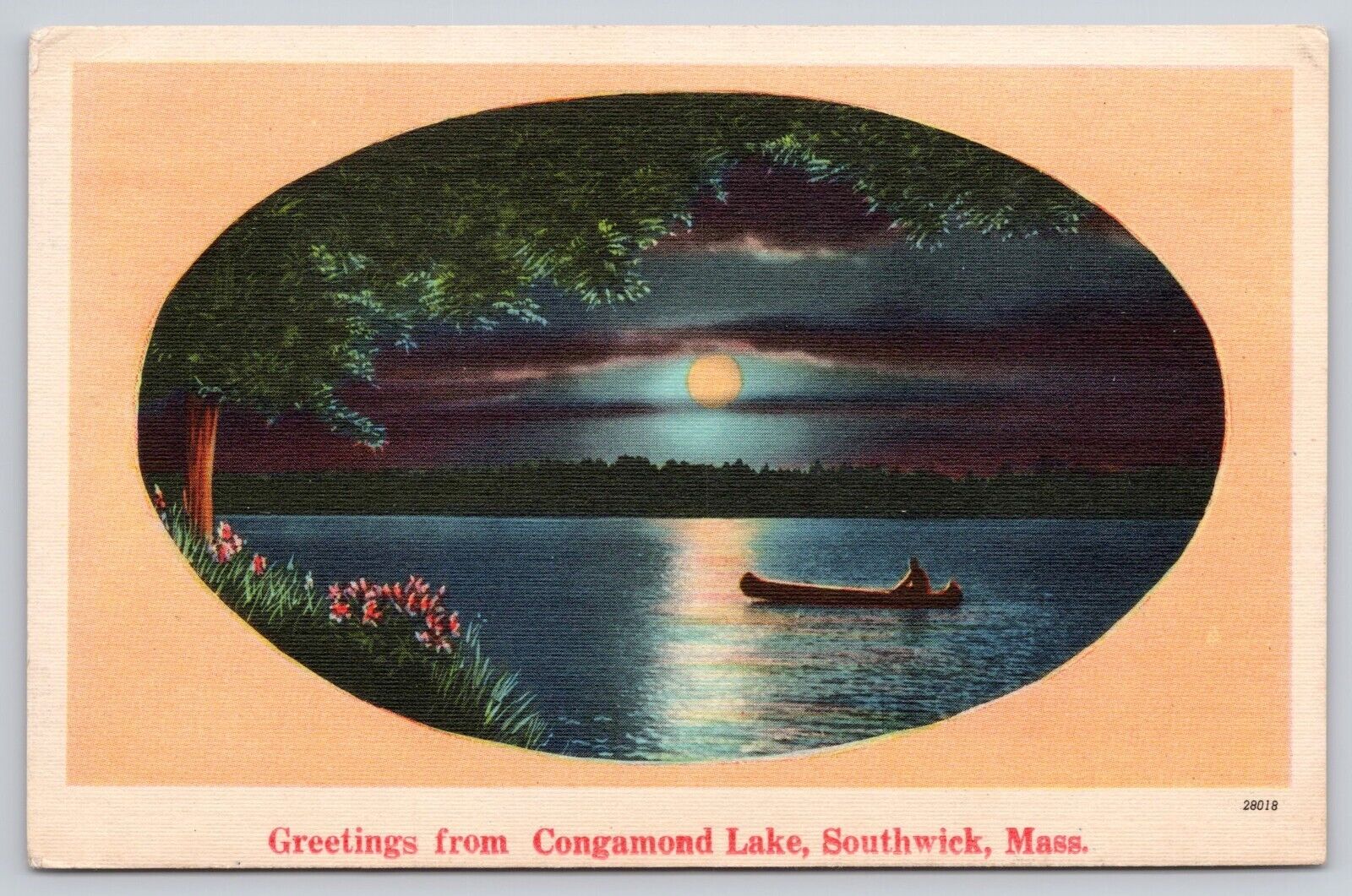 Greetings from Congamond Lake Southwick Mass Canoe Moon Linen Postcard (H44)