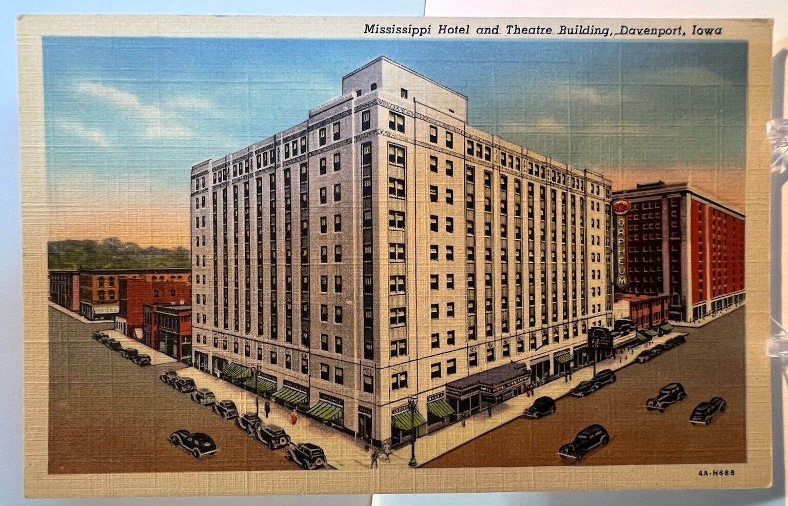 Vintage Postcard 1942 Mississippi Hotel & Theatre Building Davenport, IA Cars