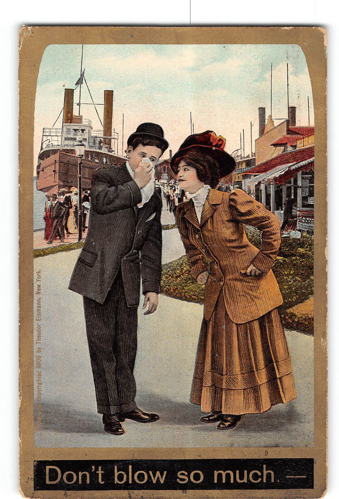 Romance Gold Enhanced Postcard 1907-1915 Man and Woman Sneezing Don\'t Blow Much