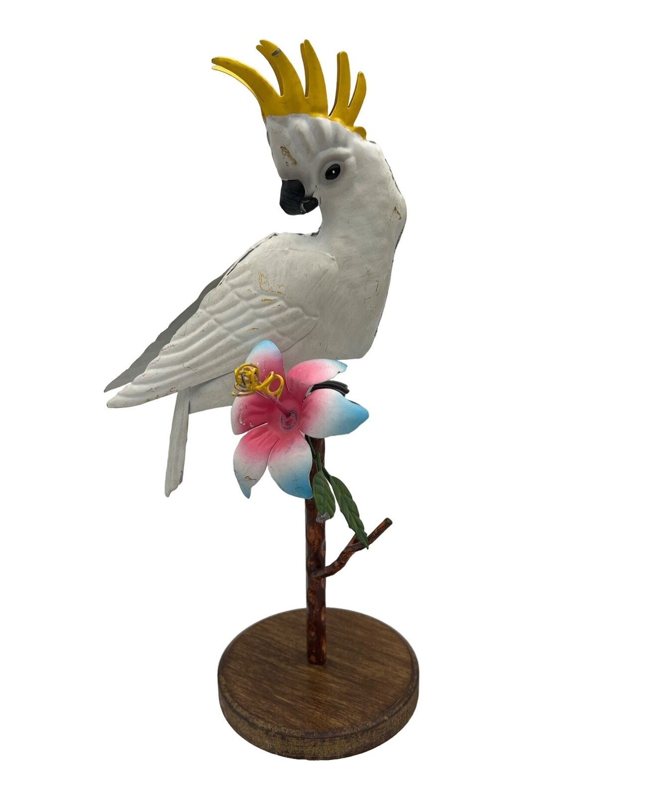 Metal Cockatiel Bird Figure w/ Pink & Blue Flower 15\