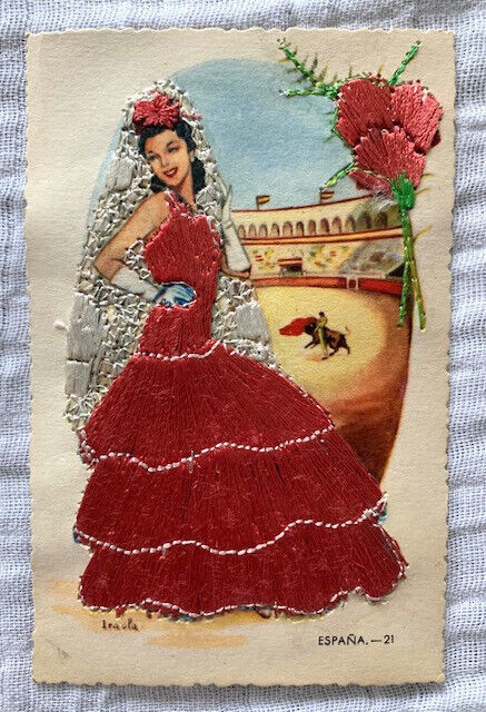 Vintage Postcard, Embroidered, Embroidery, Dancer Espana 21, Signed bull fighter