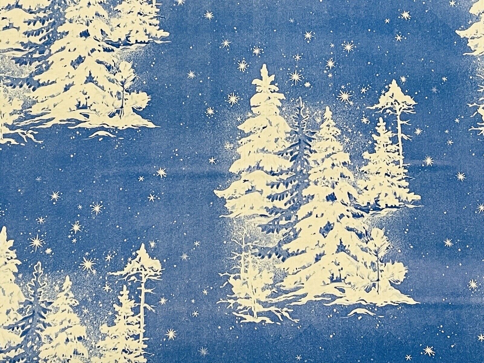 VTG CHRISTMAS WRAPPING PAPER 2 YARDS GIFT WRAP SNOW COVERED TREES ON BLUE  NOS