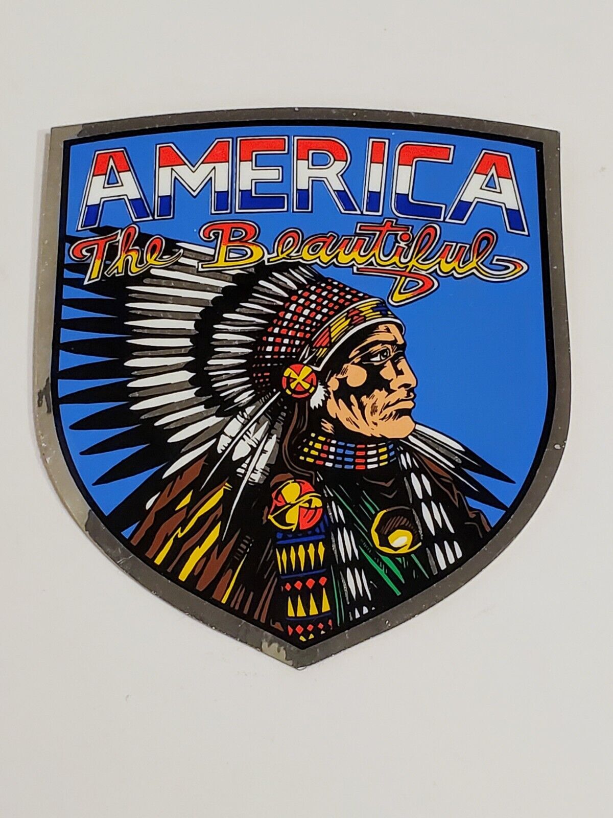 Vintage 1983-85 AMERICA THE BEAUTIFUL Foil Decal Sticker Native American Chief
