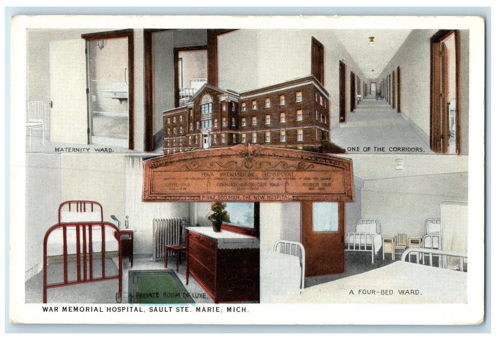 c1940s War Memorial Hospital Exterior View Sault Ste. Marie MI Unposted Postcard