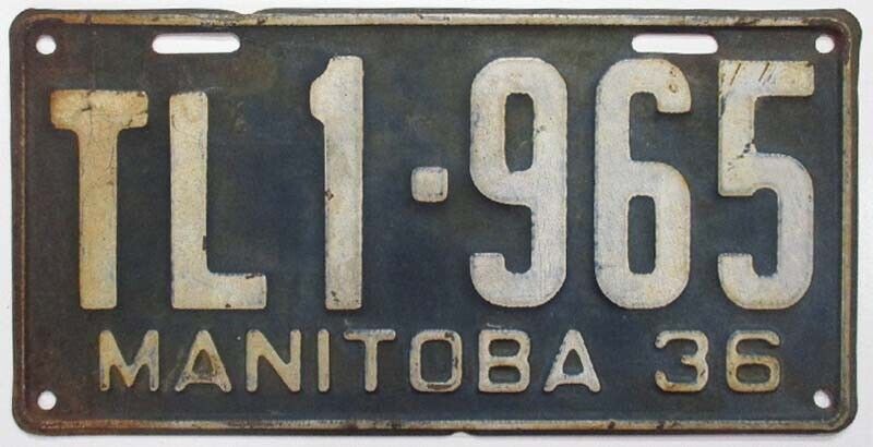 Manitoba Canada 1936 Trailer License Plate TL 1-965 Original Paint