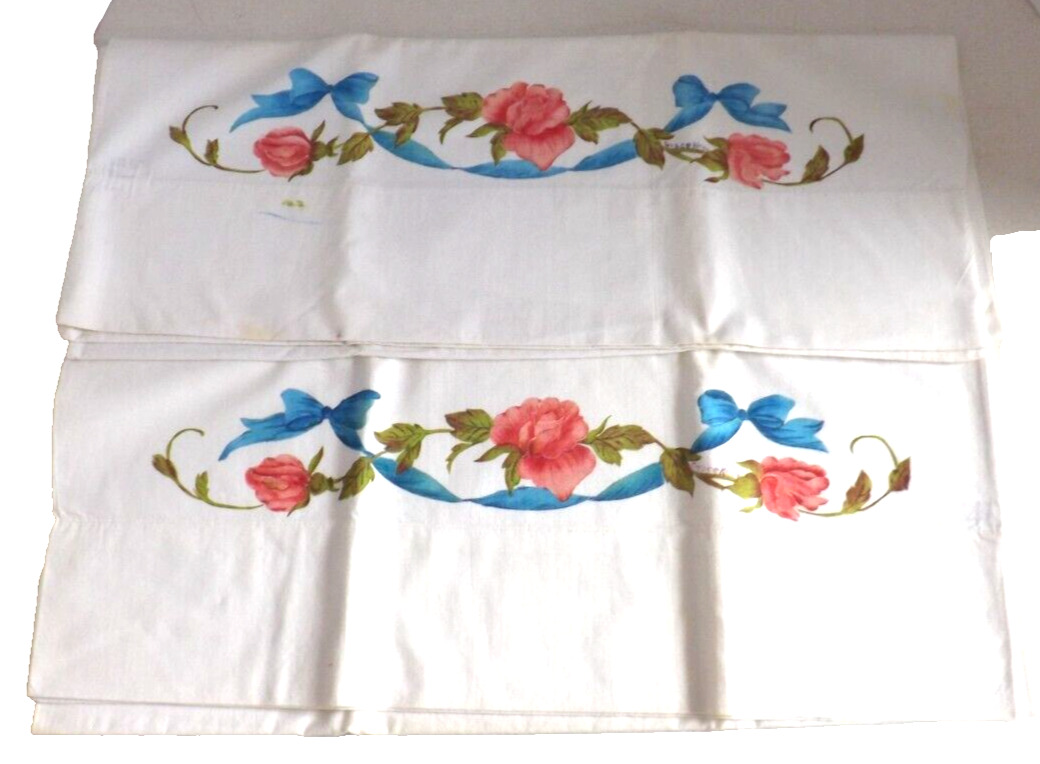 2 Vintage Pillow Cases Hand Painted Roses Ribbon Standard Size Grace Kelly