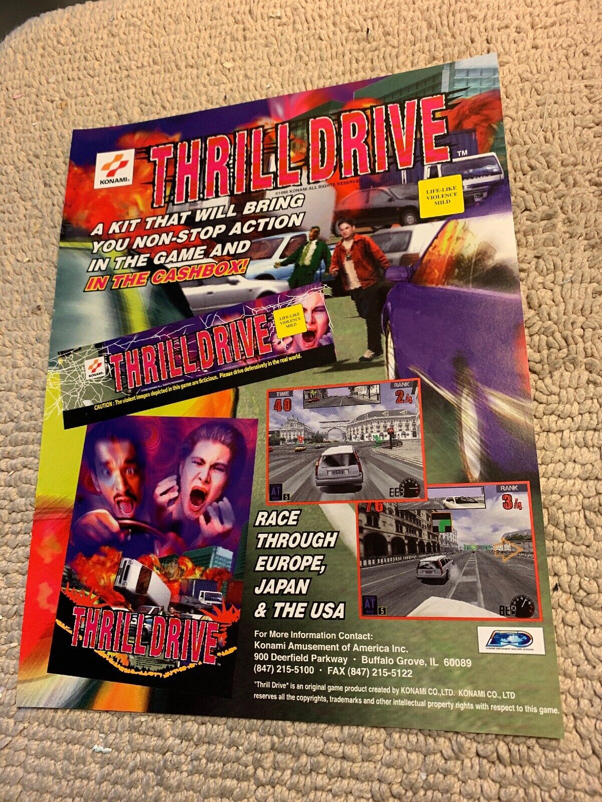 11-8 1/4” Thrill Drive Konami ARCADE VIDEO GAME FLYER