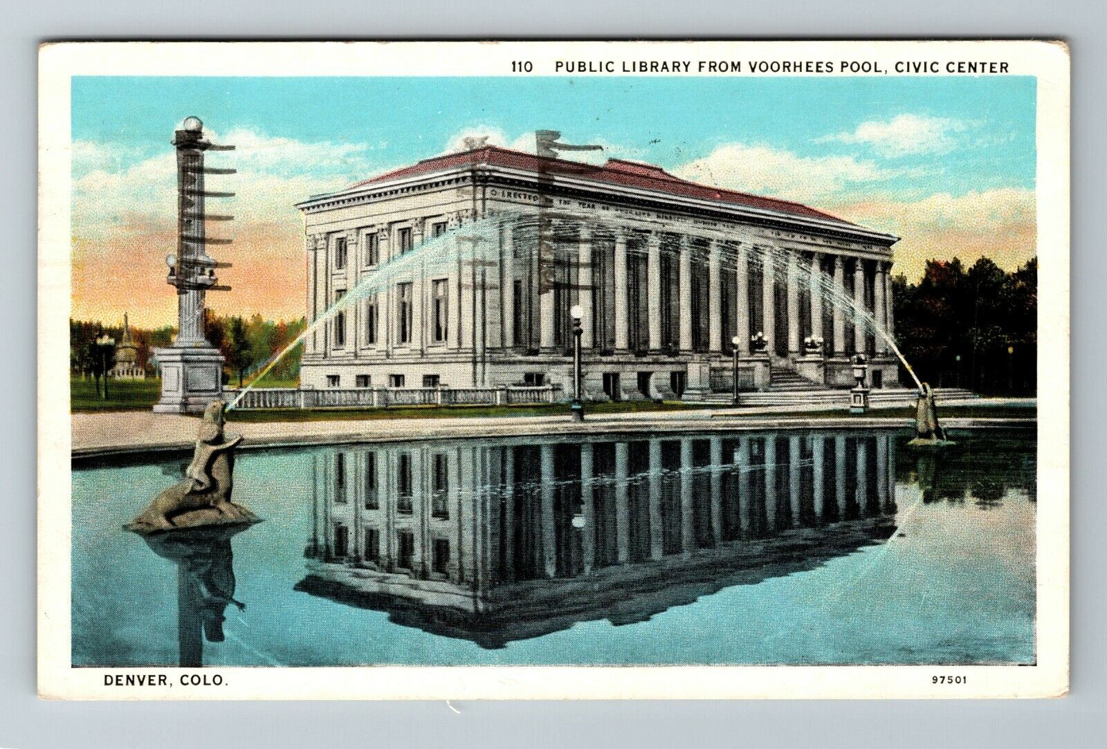 Denver CO-Colorado, Public Library From Voorhees Pool, Outside Vintage Postcard
