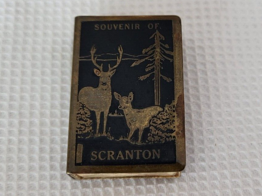 Antique Match Box Holder Medal Etched Deer Souvenir Of Scranton