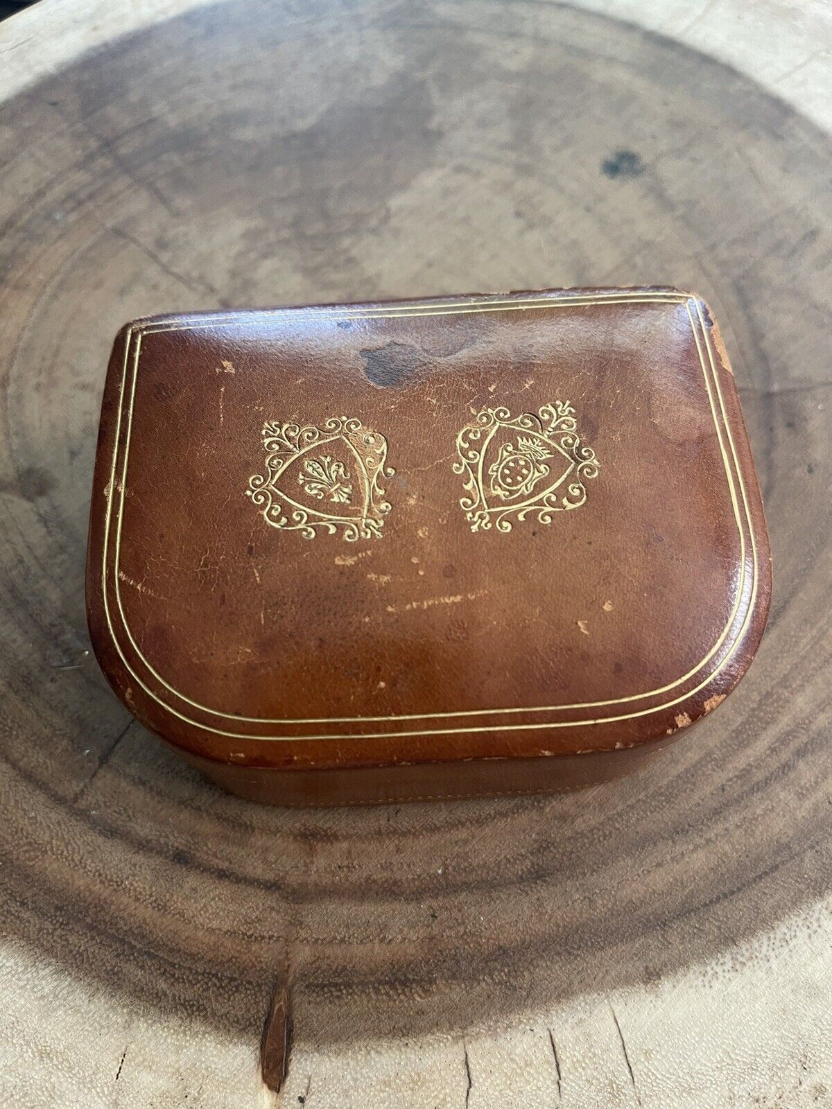 Vintage Fomerz Italy Brown Leather Gilt Crests Jewelry Trinkets Box Velour 3.5”