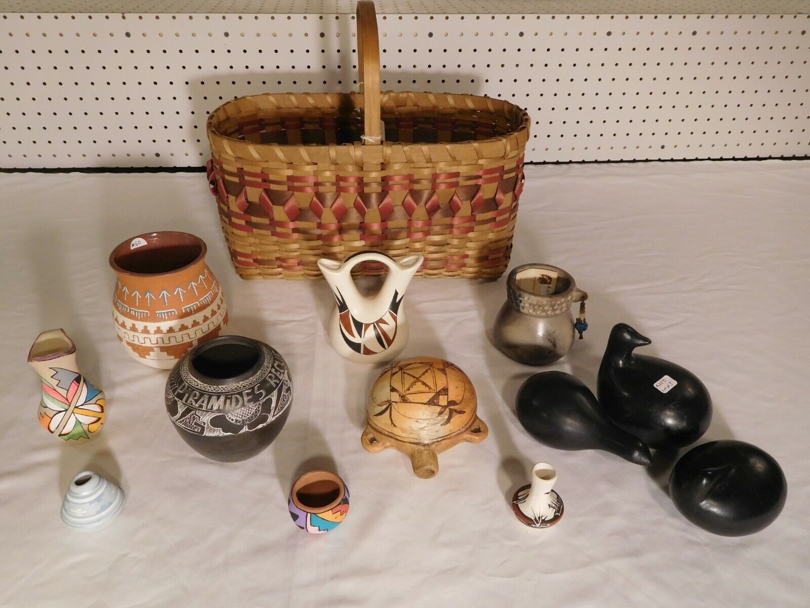Native American 13 pc.Decorative Ceramic Pottery & Winnebago Basket Lot PIRAMDES