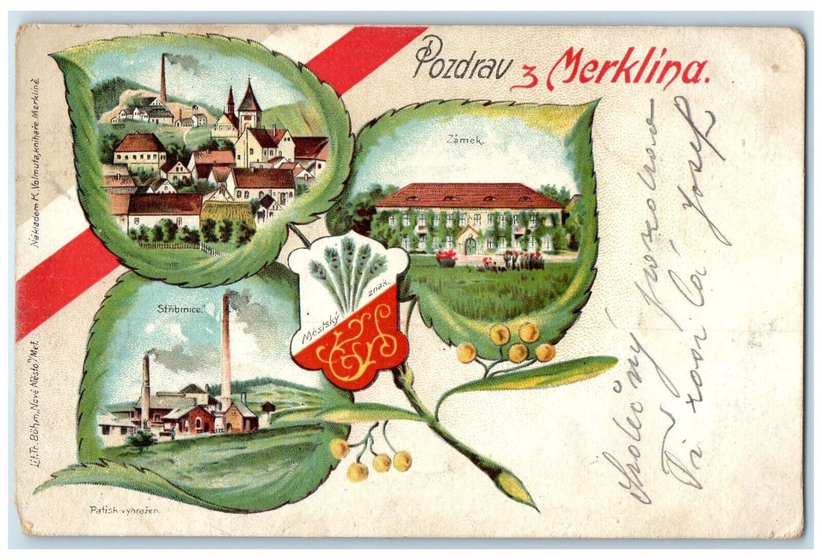 c1905 Greetings from Merklina Austria Multiview Leaves Posted Postcard