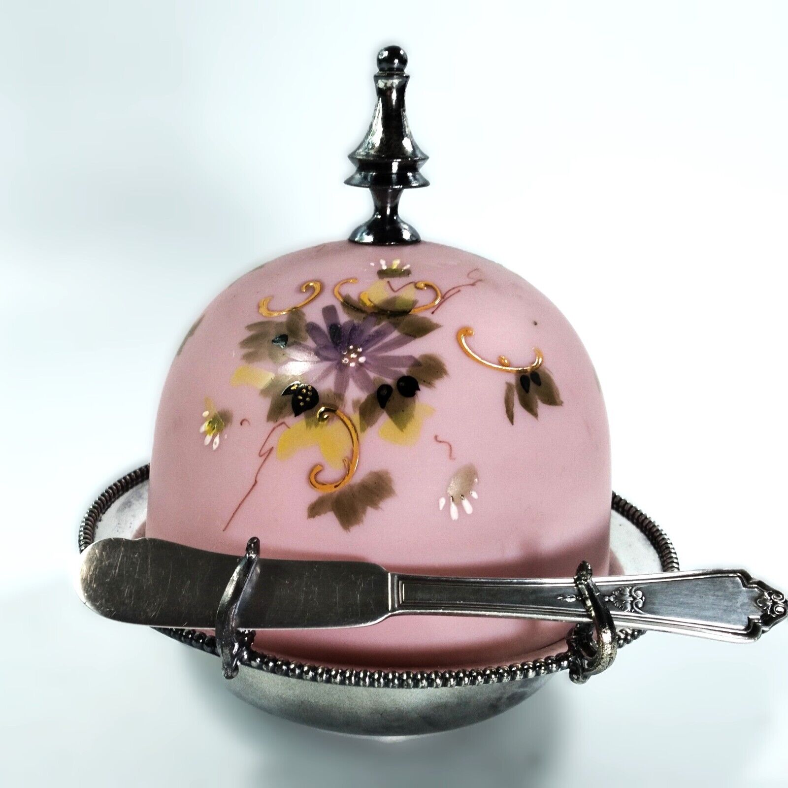 Victorian Hand Painted Butter Dish Quad. Silver Plate & Purple Pink Satin Glass