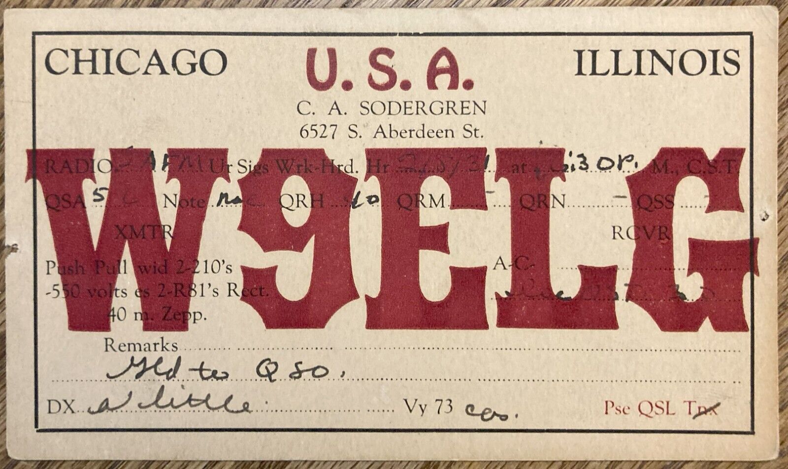 1931 - QSL Card -Chicago Illinois - C.A. Sodergren - W9ELG- Stamp