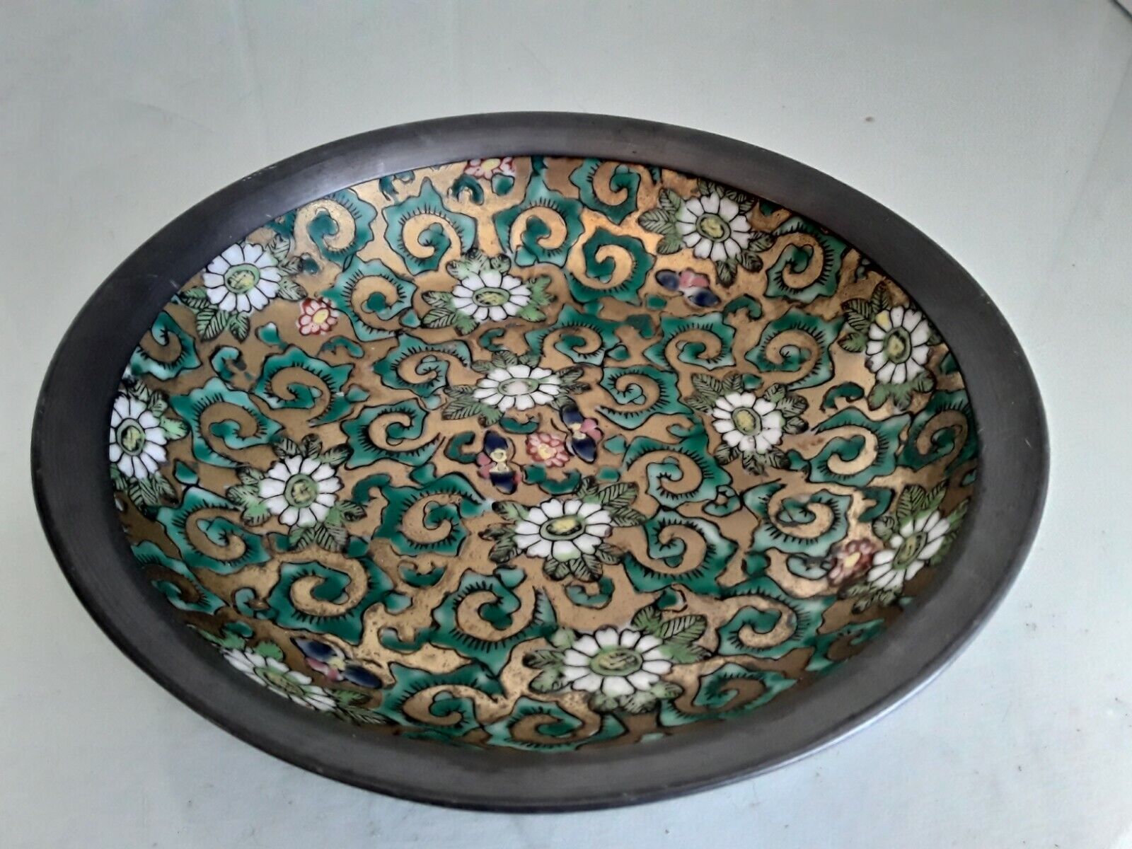 Vtg Andrea Japanese Porcelain Ware Decorated Hong Kong Pewter Brass Encased Bowl