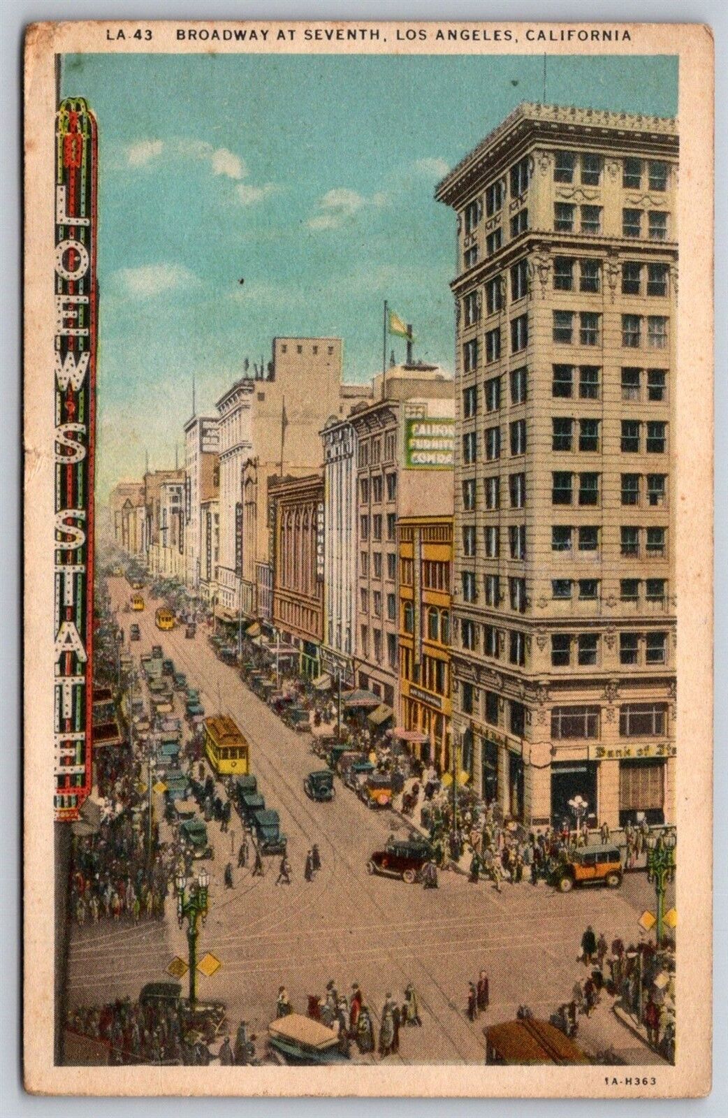 Los Angeles California Postcard Broadway Seventh Loews State Theater Trolley Car