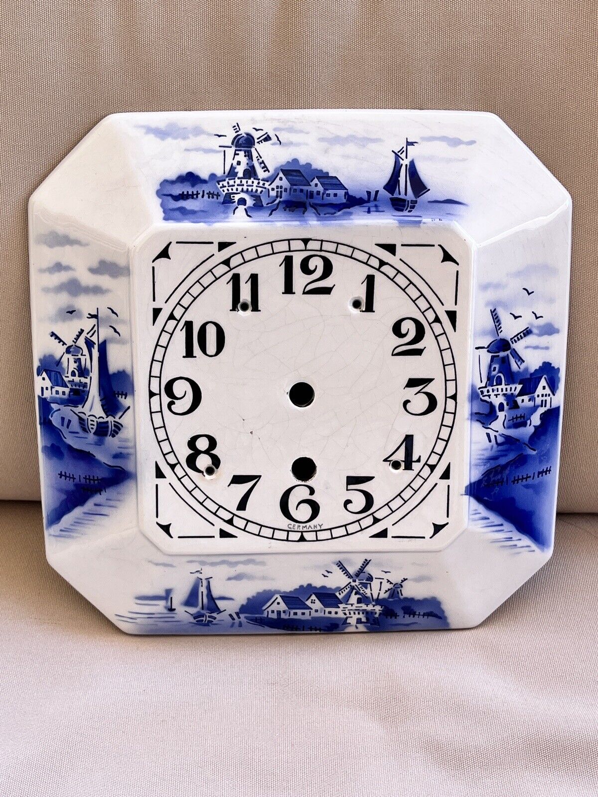 Antique Porcelain Blue Dutch Scene Germany Wall Clock Plate 9 1/4\