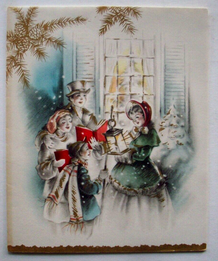 Caroling outside the window vintage Christmas greeting card *FF13