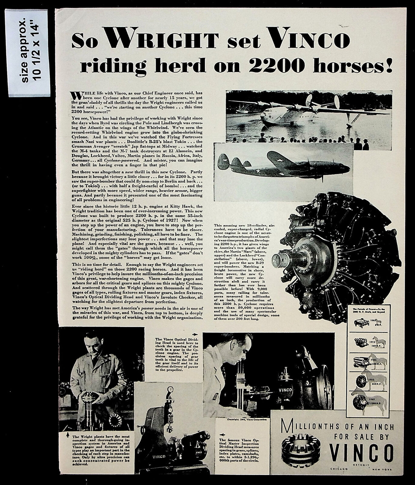 1944 Vinco Wright Set Engines Parts Engine Service Vintage Print Ad 38658