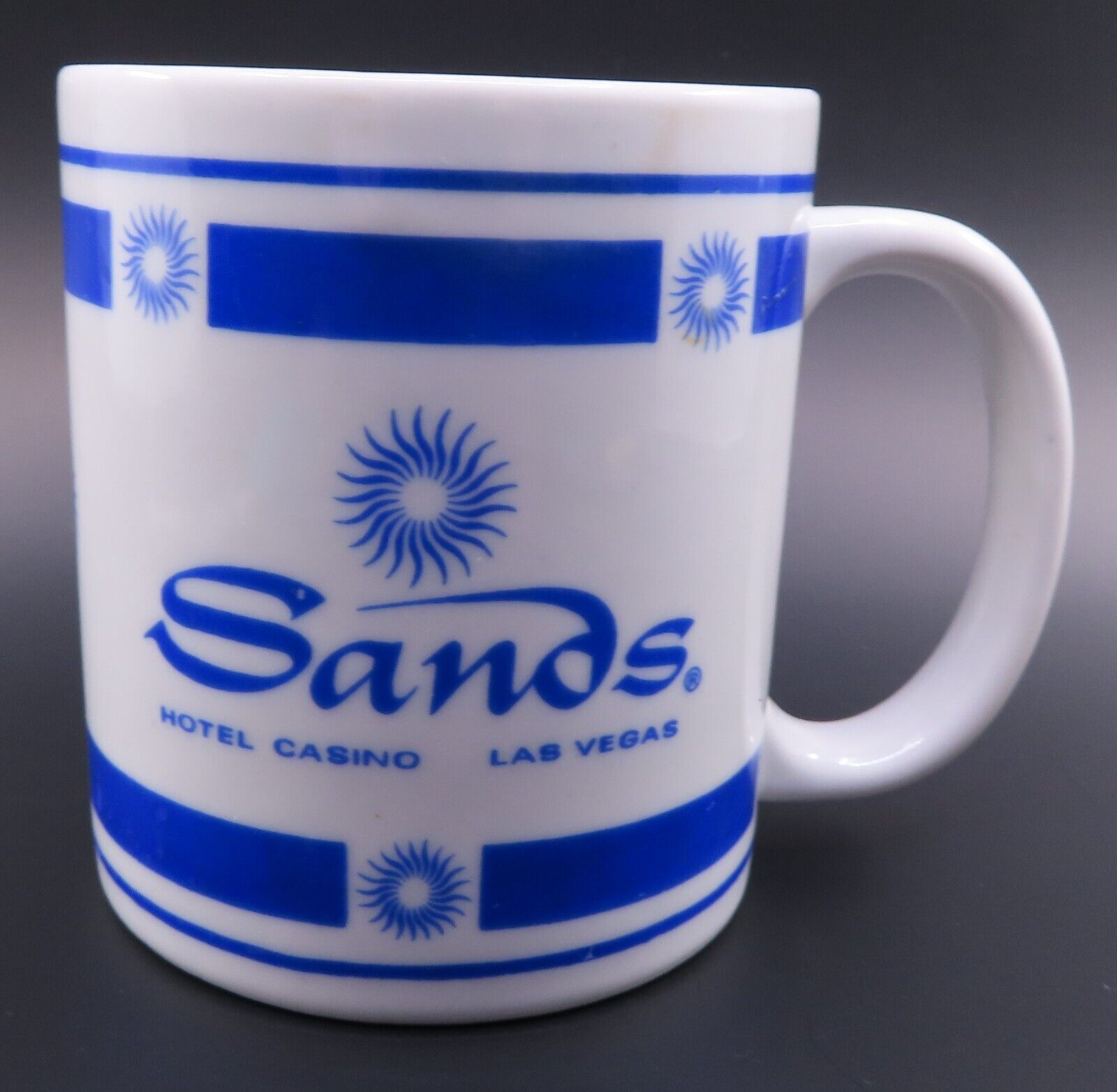 Vintage Sands Hotel & Casino Las Vegas Ceramic Coffee Mug Cup Blue/White