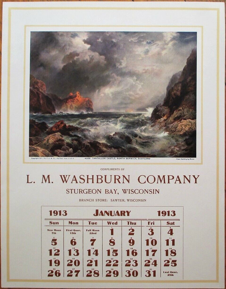 Sturgeon Bay & Sawyer, WI 1913 Advertising Calendar/11x14 Poster: Washburn Store